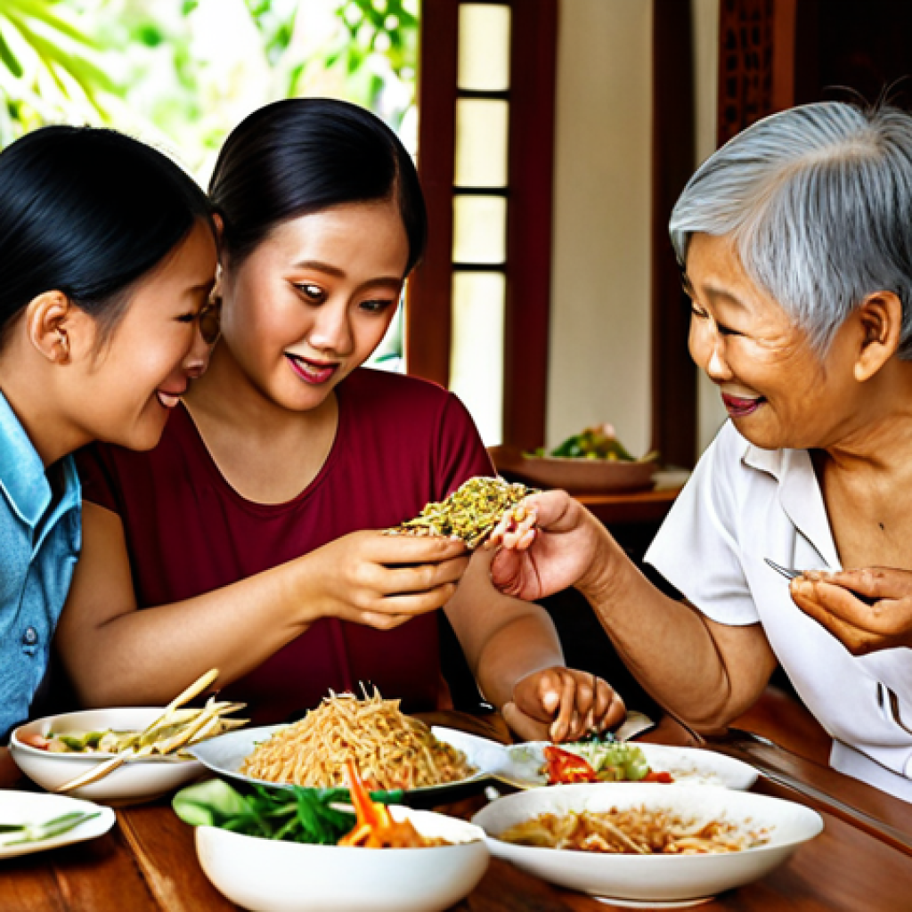 A multi-generational Thai family sharing a meal together, showcasing love and communication through food. The image should highlight the warmth and togetherness of the family, with emphasis on the delicious Thai cuisine.