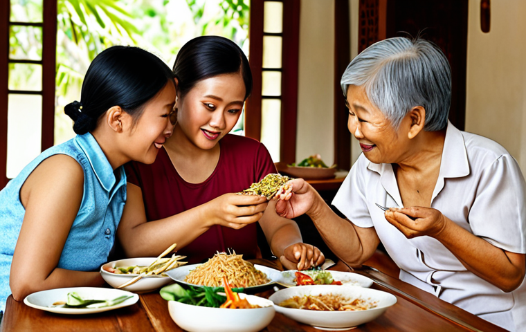 A multi-generational Thai family sharing a meal together, showcasing love and communication through food. The image should highlight the warmth and togetherness of the family, with emphasis on the delicious Thai cuisine.