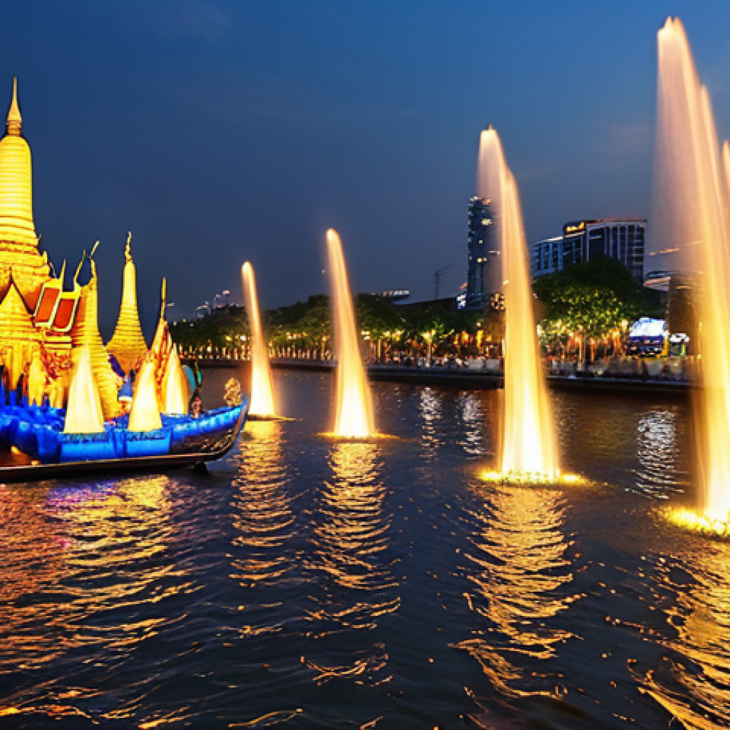 A vibrant media art display at ICONSIAM, showcasing a dazzling fountain show on the Chao Phraya River, infused with Thai history and culture.