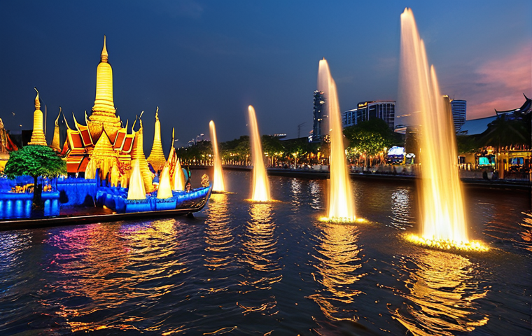 A vibrant media art display at ICONSIAM, showcasing a dazzling fountain show on the Chao Phraya River, infused with Thai history and culture.
