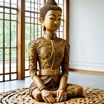 A contemporary Thai artist, in modest, professional artist attire, meticulously creating a large-scale sculpture in a bright, modern studio. The artwork is a fusion of traditional Thai patterns and modern abstract forms, constructed from recycled materials such as reclaimed wood and woven bamboo, conveying a powerful message about environmental sustainability. The studio features elements of natural light and subtle traditional Thai architectural details. Professional photography, high quality, perfect anatomy, correct proportions, natural pose, well-formed hands, proper finger count, natural body proportions, fully clothed, appropriate attire, professional dress, safe for work, appropriate content, family-friendly.