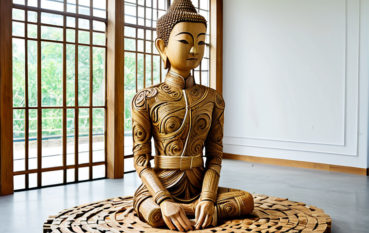 A contemporary Thai artist, in modest, professional artist attire, meticulously creating a large-scale sculpture in a bright, modern studio. The artwork is a fusion of traditional Thai patterns and modern abstract forms, constructed from recycled materials such as reclaimed wood and woven bamboo, conveying a powerful message about environmental sustainability. The studio features elements of natural light and subtle traditional Thai architectural details. Professional photography, high quality, perfect anatomy, correct proportions, natural pose, well-formed hands, proper finger count, natural body proportions, fully clothed, appropriate attire, professional dress, safe for work, appropriate content, family-friendly.