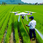 **Image:** Drone spraying a rice field in Thailand. **Prompt:** A fully clothed Thai farmer watching a drone spray his rice paddy, traditional Thai rural landscape, bright sunny day, clear sky, safe for work, appropriate content, professional quality, perfect anatomy, correct proportions, natural pose, fully clothed, modest attire.