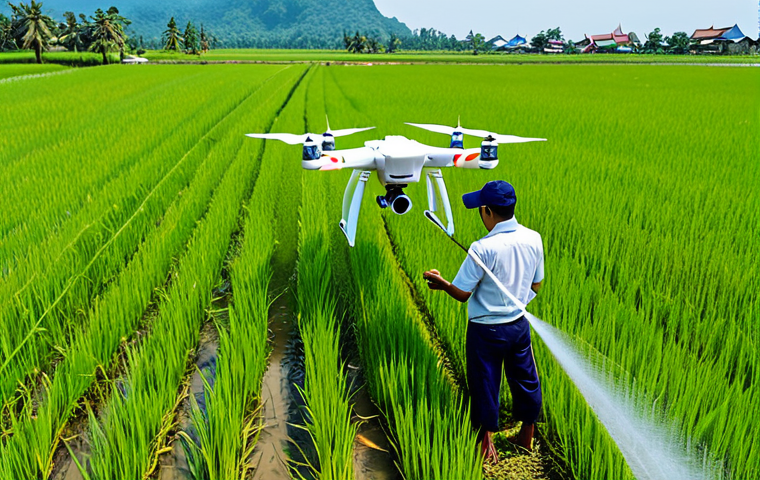 **Image:** Drone spraying a rice field in Thailand. **Prompt:** A fully clothed Thai farmer watching a drone spray his rice paddy, traditional Thai rural landscape, bright sunny day, clear sky, safe for work, appropriate content, professional quality, perfect anatomy, correct proportions, natural pose, fully clothed, modest attire.